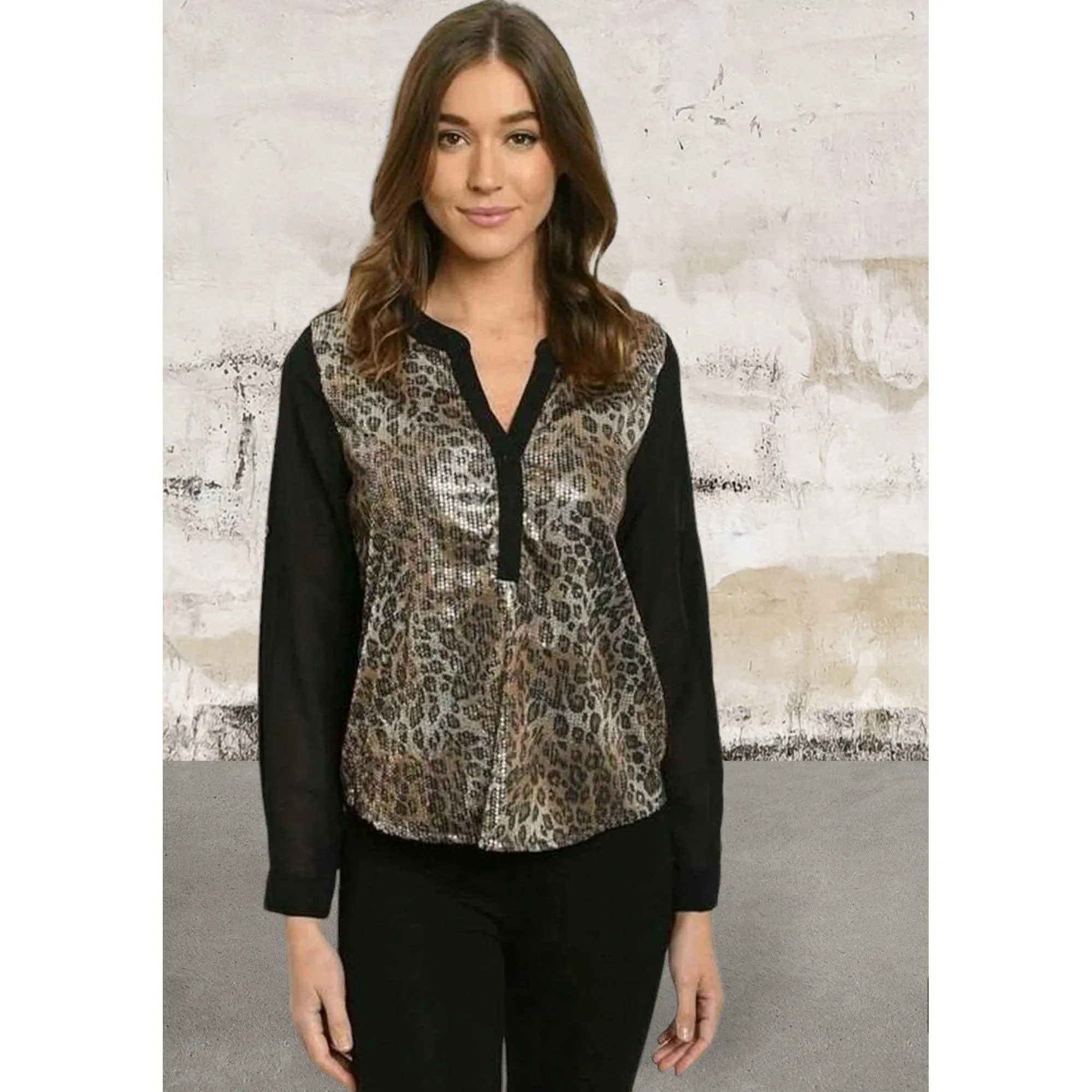 Black long sleeve leopard sequins front top