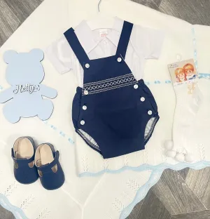 Boys navy dungaree with smocking