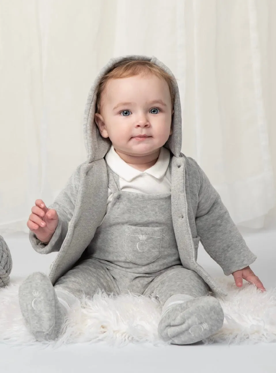 Caramelo Grey Baby Boy Velour Two Piece Dungaree Set