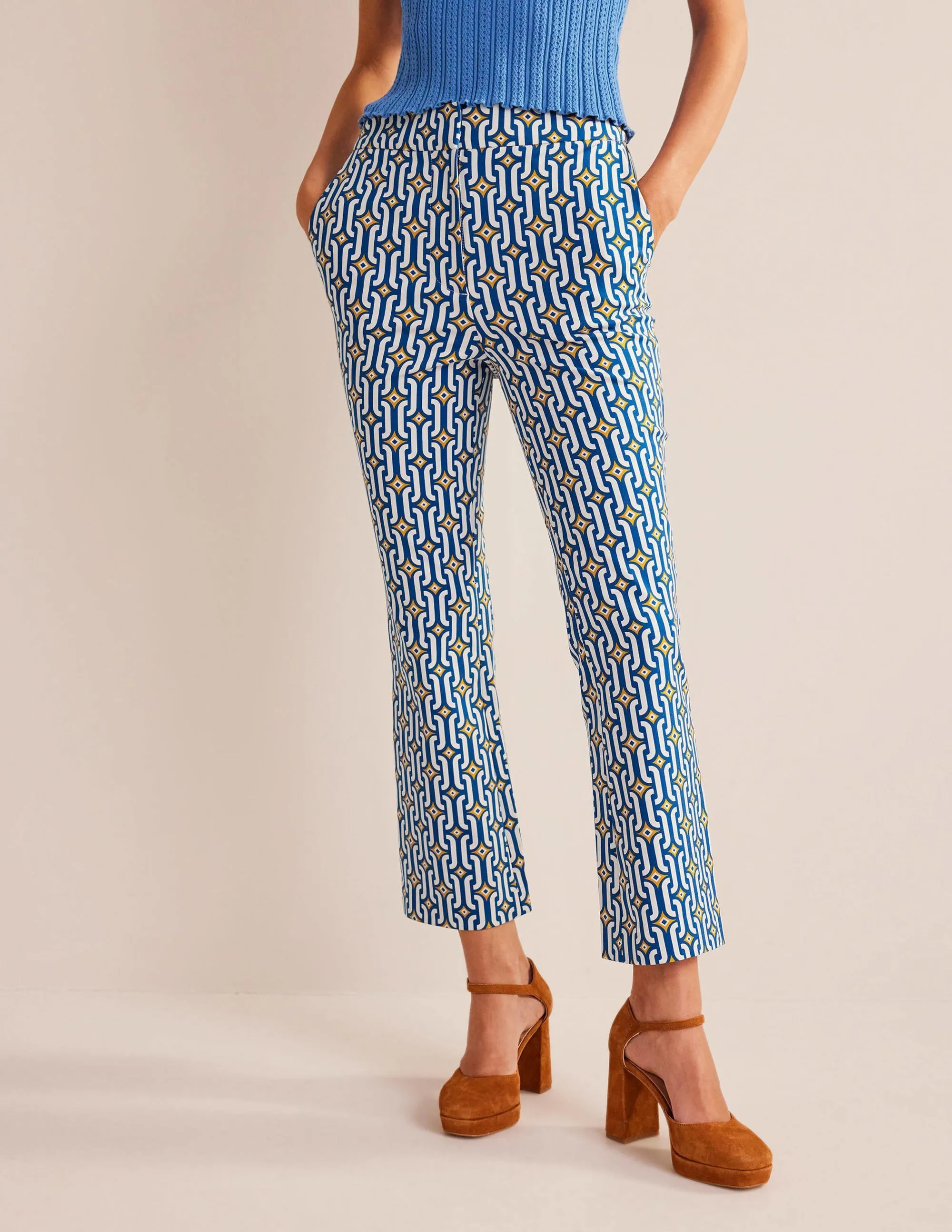 Cropped Flared Trousers-Sapphire, Azure Geo