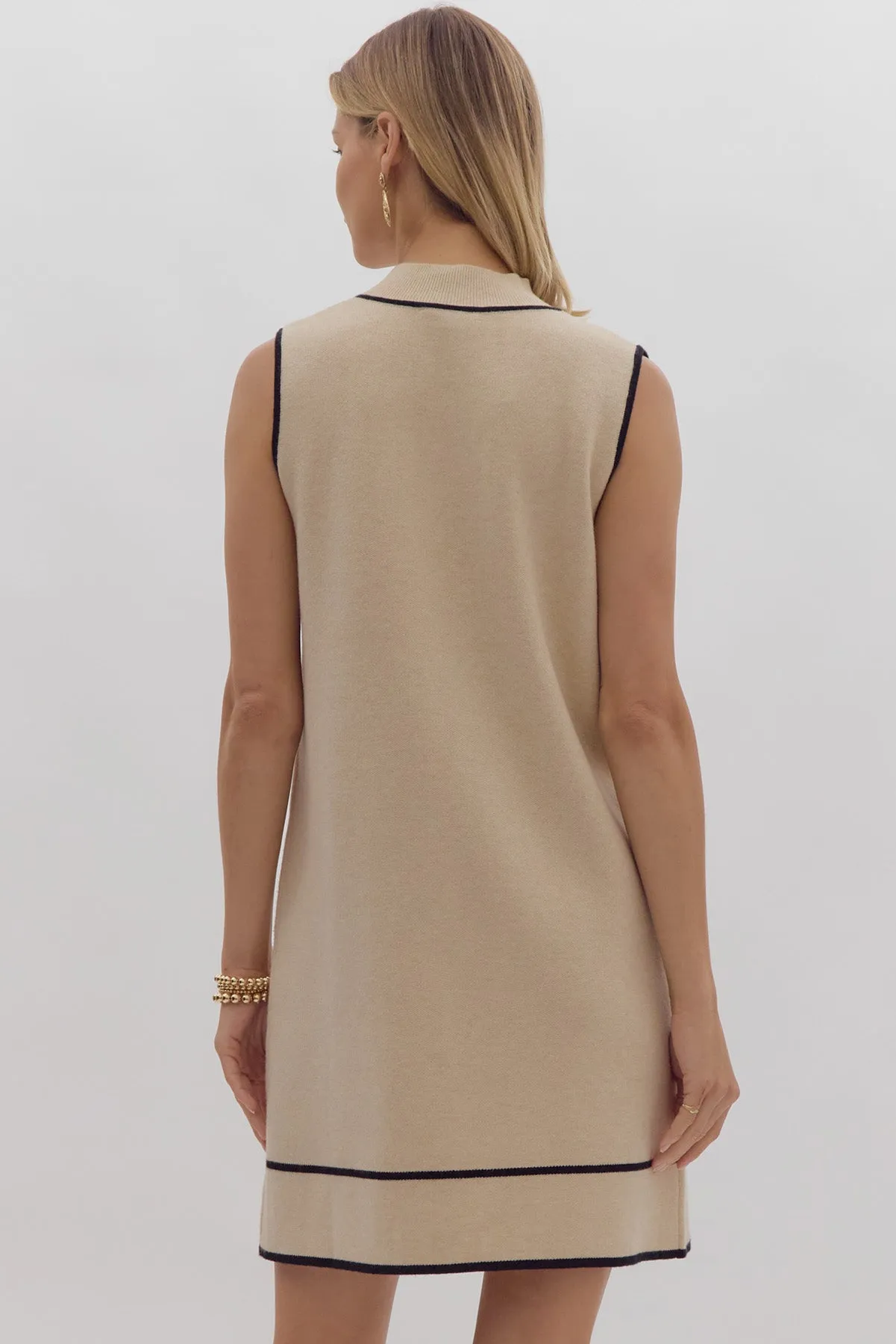 Ecru Sleeveless Sweater Shift with Black Trim