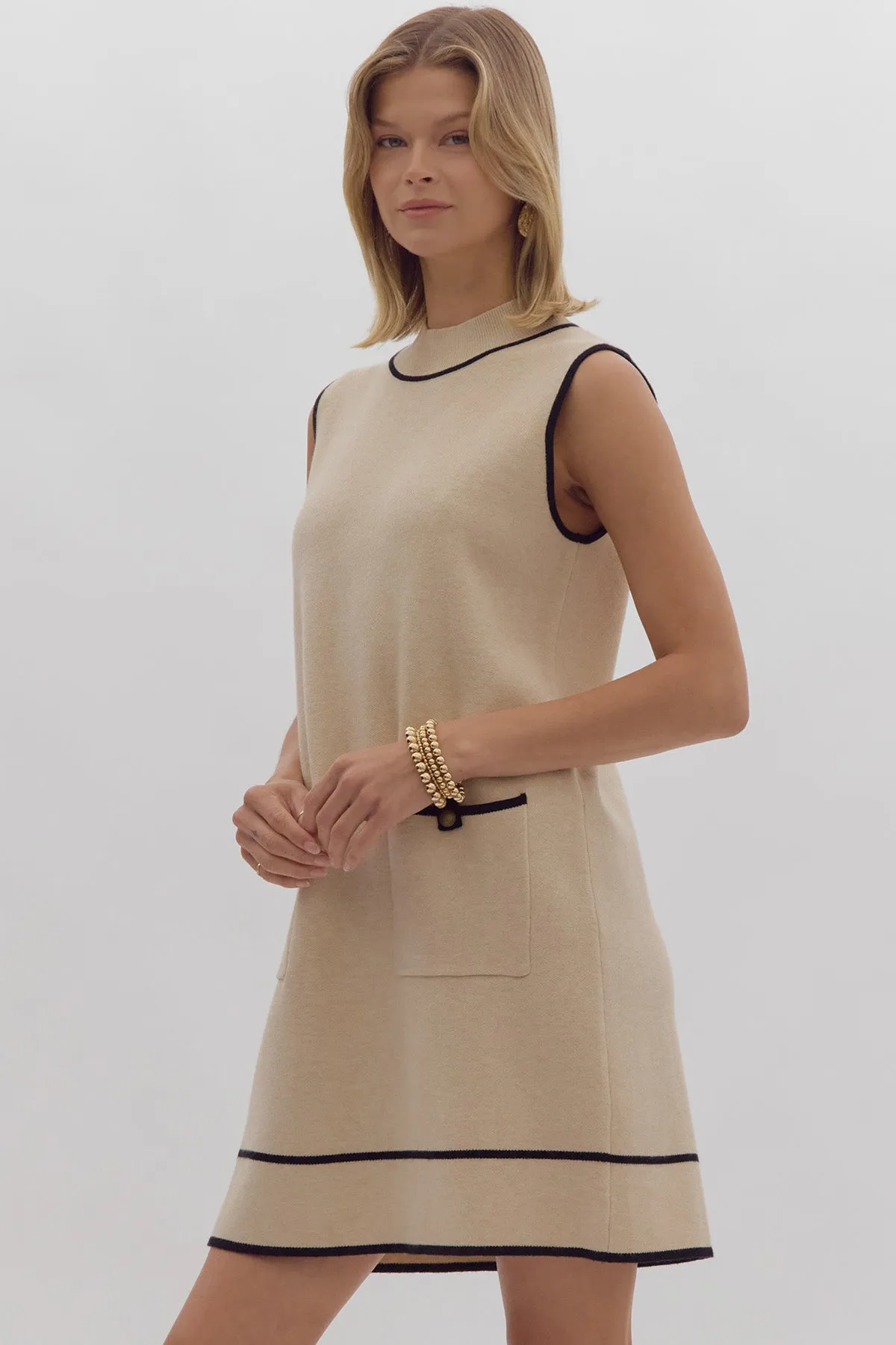 Ecru Sleeveless Sweater Shift with Black Trim