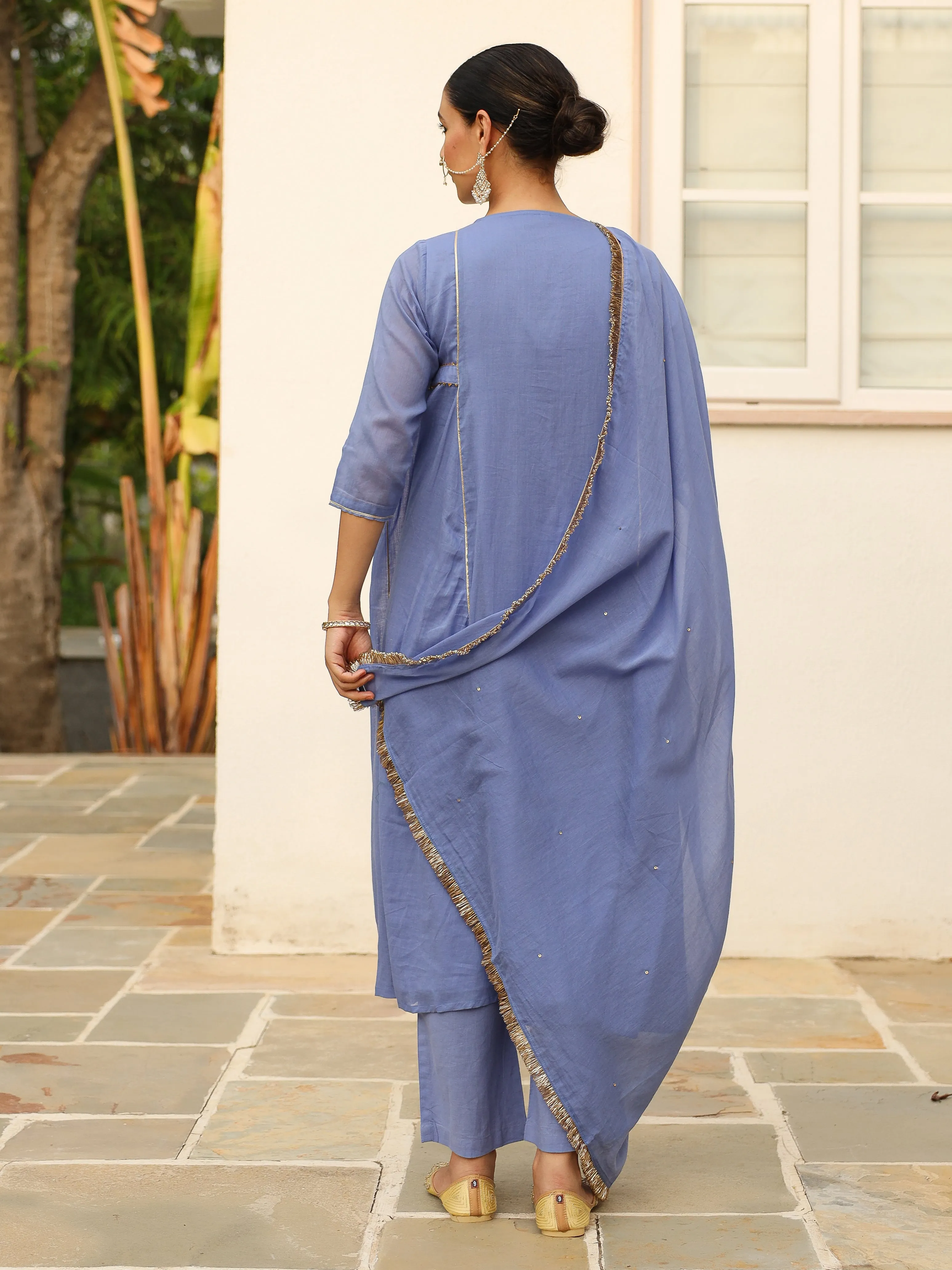 Lavender blue mulmul cotton anarkali kurta set with trousers and dupatta