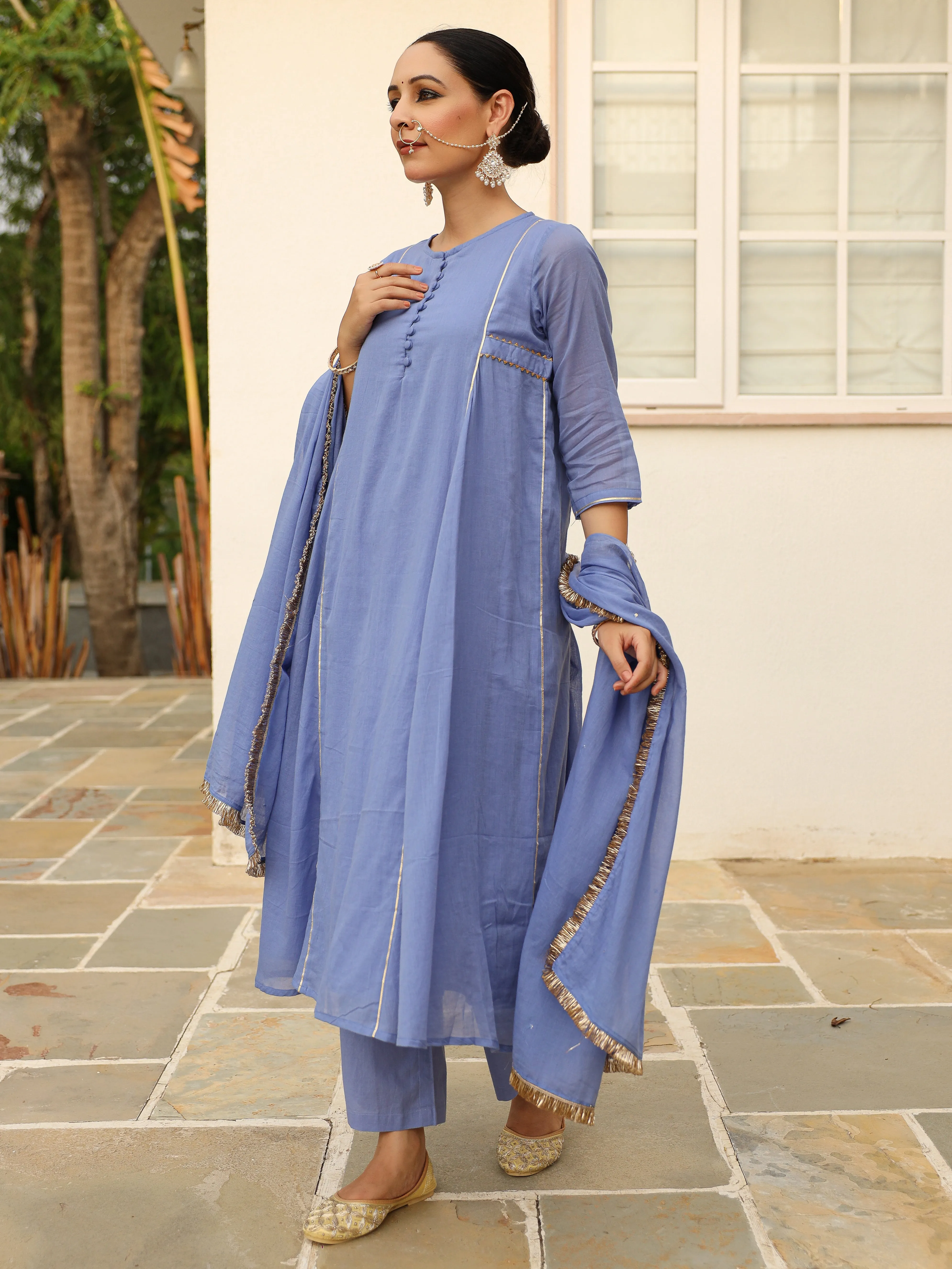 Lavender blue mulmul cotton anarkali kurta set with trousers and dupatta