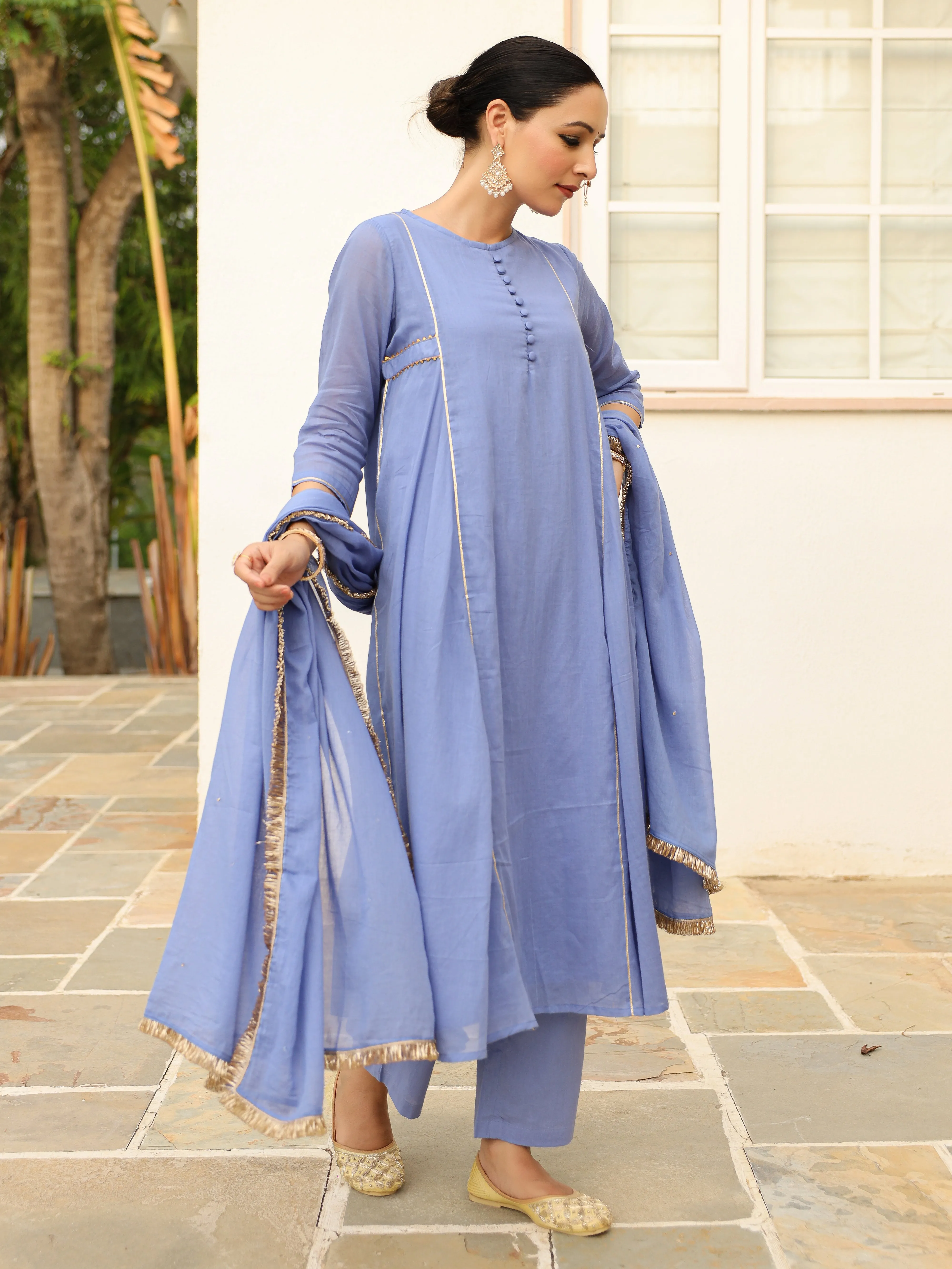 Lavender blue mulmul cotton anarkali kurta set with trousers and dupatta