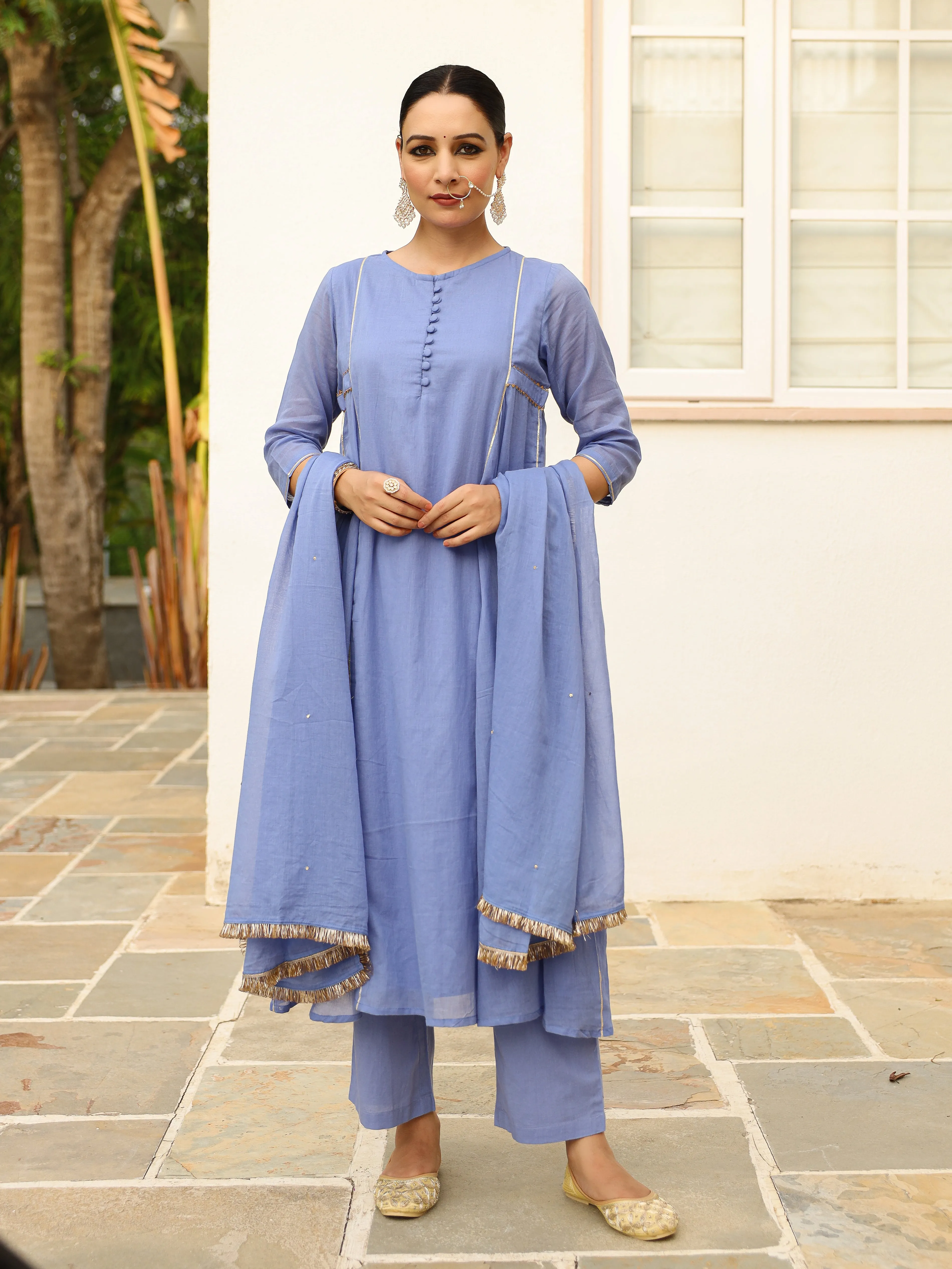 Lavender blue mulmul cotton anarkali kurta set with trousers and dupatta