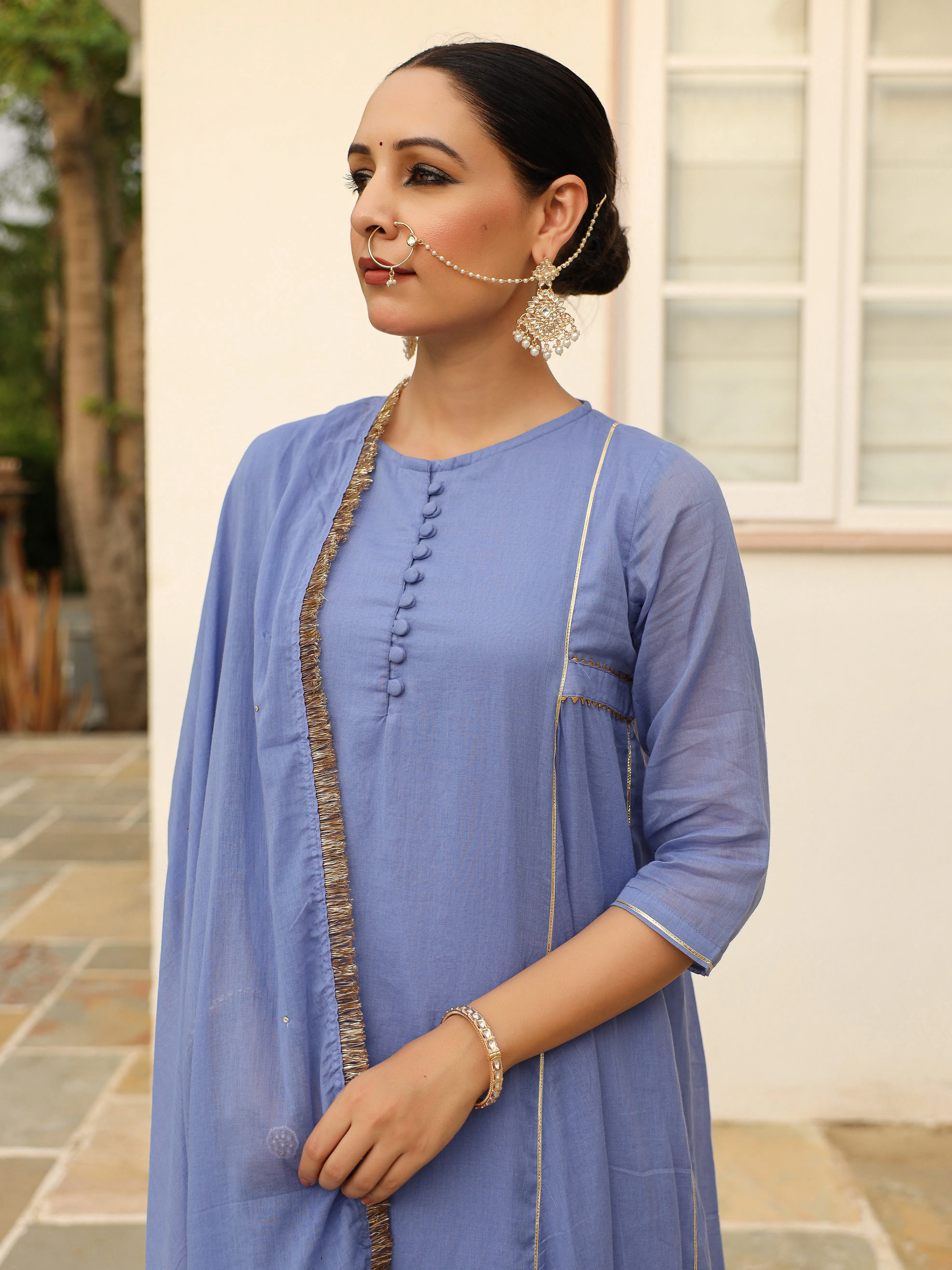 Lavender blue mulmul cotton anarkali kurta set with trousers and dupatta