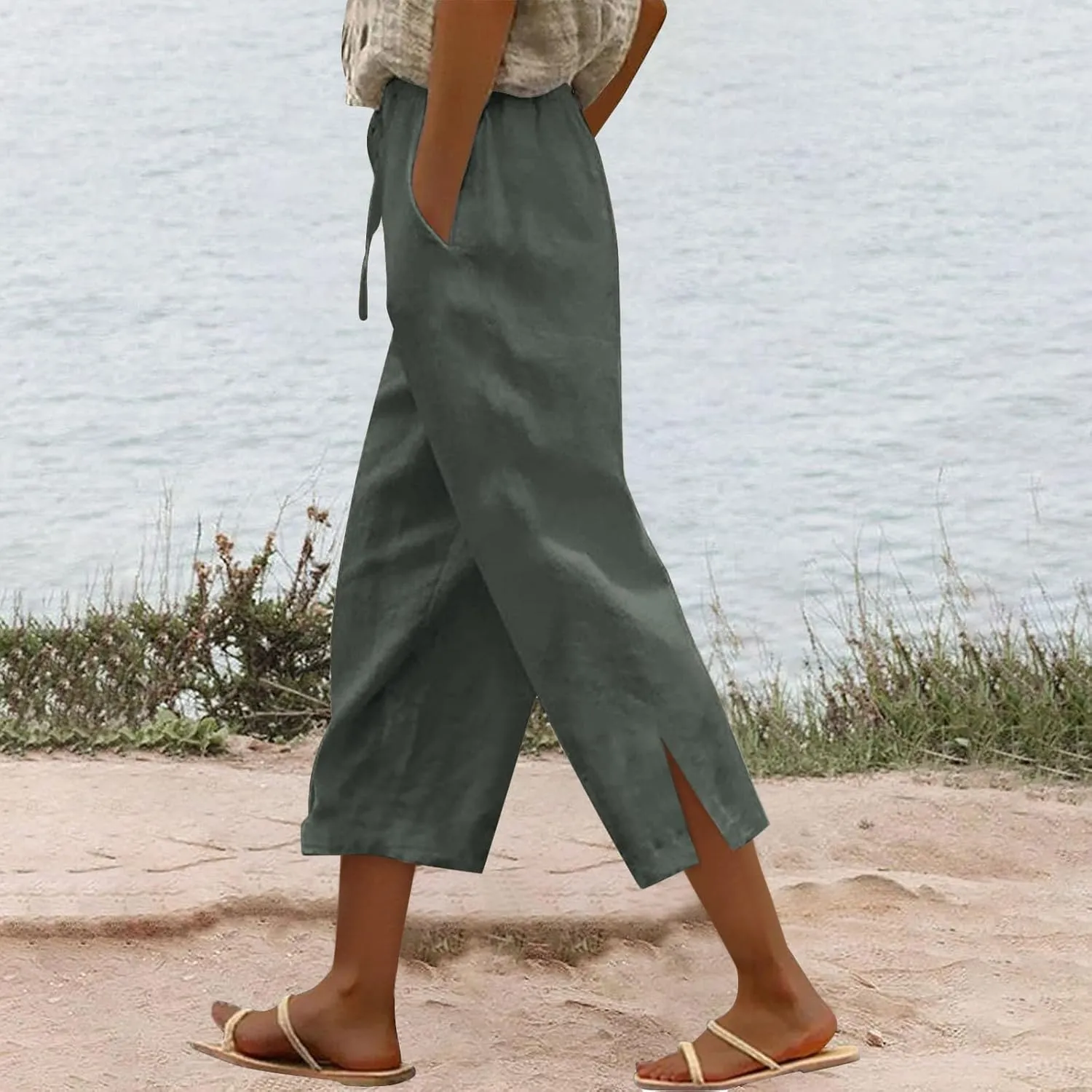 Linen Pants for Women 2025 Cotton Linen Elastic Seven Pants Beach Casual Pants Linen Trousers with Side Pockets