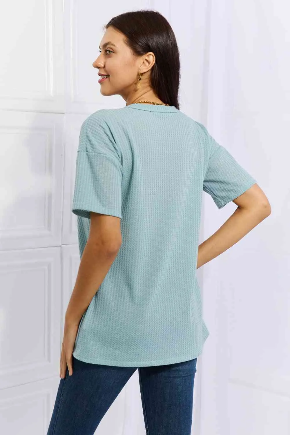 Made For You Full Size 1/4 Button Down Waffle Top in Blue