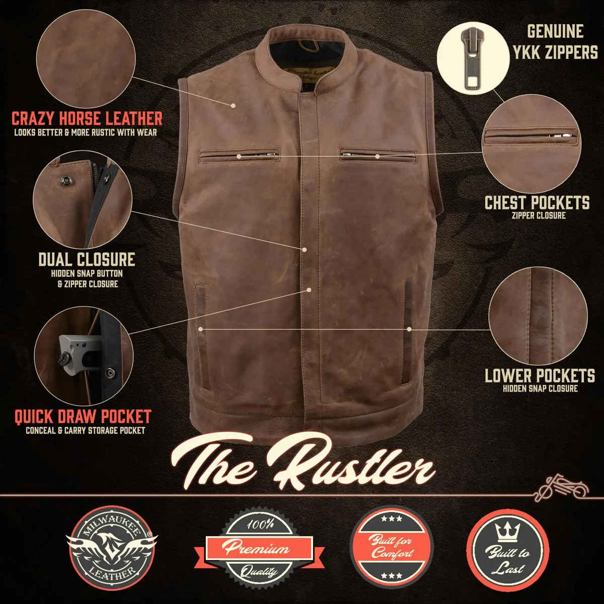 MLM3519 Men's Gambler Crazy Horse Brown Vintage Leather Vest - Club Style Motorcycle Rider Vest