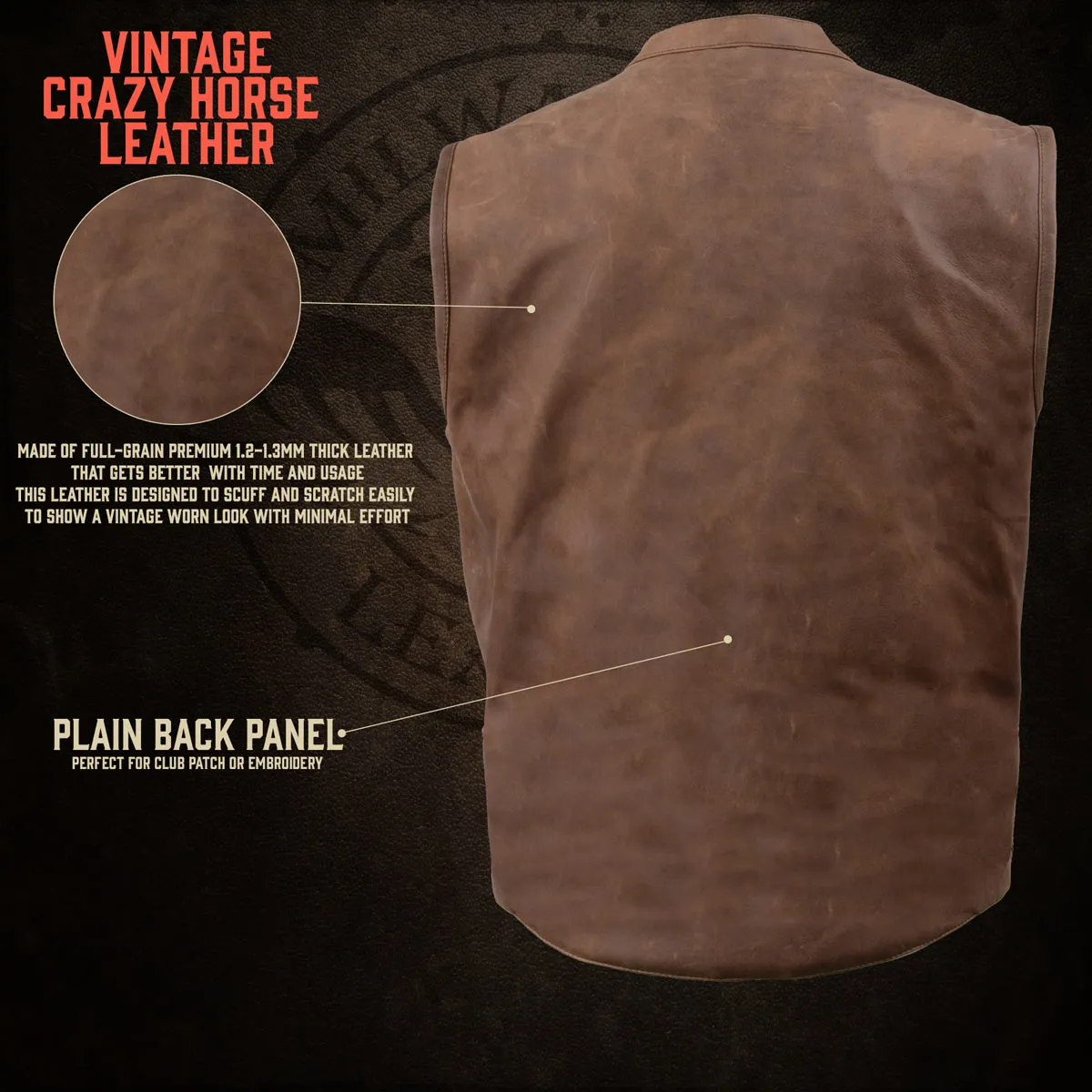 MLM3519 Men's Gambler Crazy Horse Brown Vintage Leather Vest - Club Style Motorcycle Rider Vest