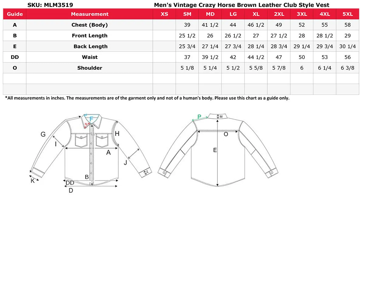 MLM3519 Men's Gambler Crazy Horse Brown Vintage Leather Vest - Club Style Motorcycle Rider Vest