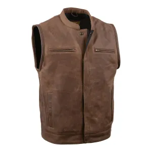 MLM3519 Men's Gambler Crazy Horse Brown Vintage Leather Vest - Club Style Motorcycle Rider Vest