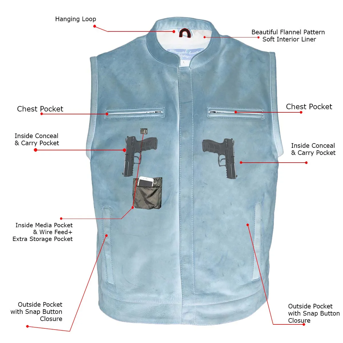 MLM3519 Men's Gambler Crazy Horse Brown Vintage Leather Vest - Club Style Motorcycle Rider Vest
