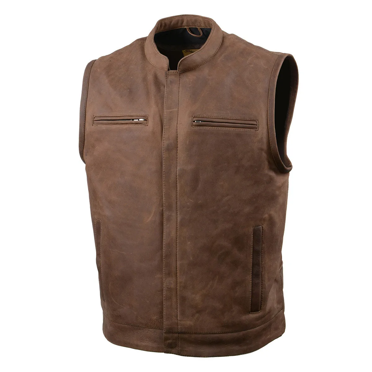 MLM3519 Men's Gambler Crazy Horse Brown Vintage Leather Vest - Club Style Motorcycle Rider Vest