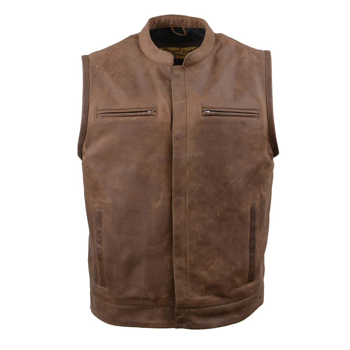 MLM3519 Men's Gambler Crazy Horse Brown Vintage Leather Vest - Club Style Motorcycle Rider Vest