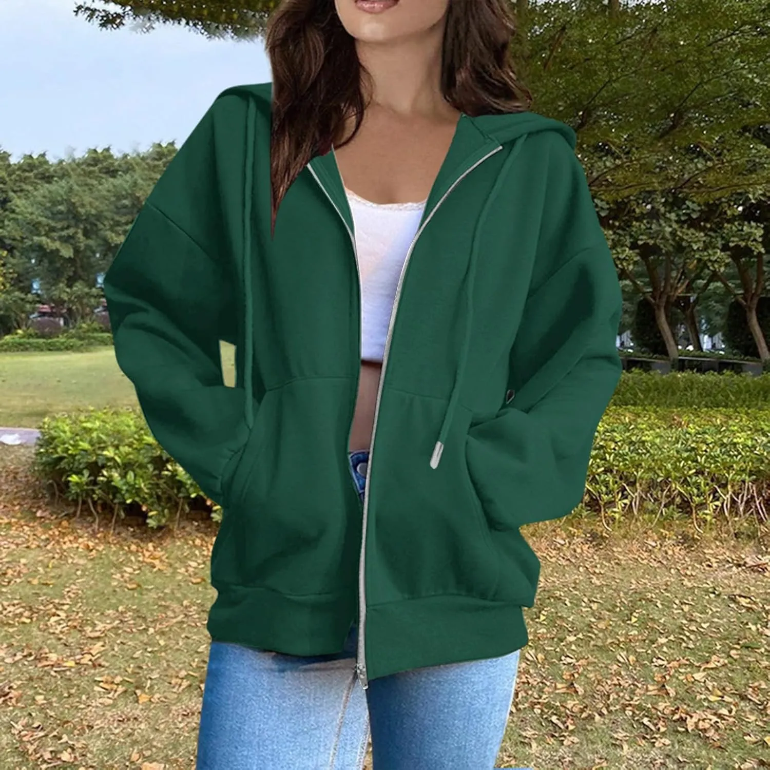 Oversized Hoodies for Women Cute Solid Color Drawstring Fashion Hoodies Loose Fit Zip Up Sweatshirt with Pocket