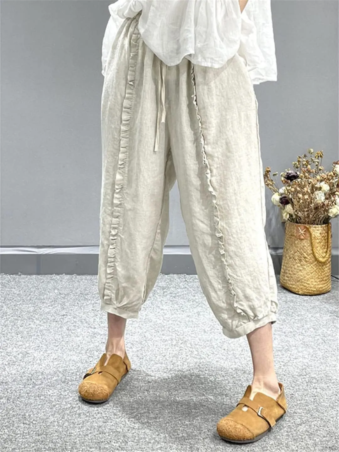 Pulcykp Linen Slim Harem Pants Literary Solid Color Loose Cotton Linen Casual Cropped Pants Women