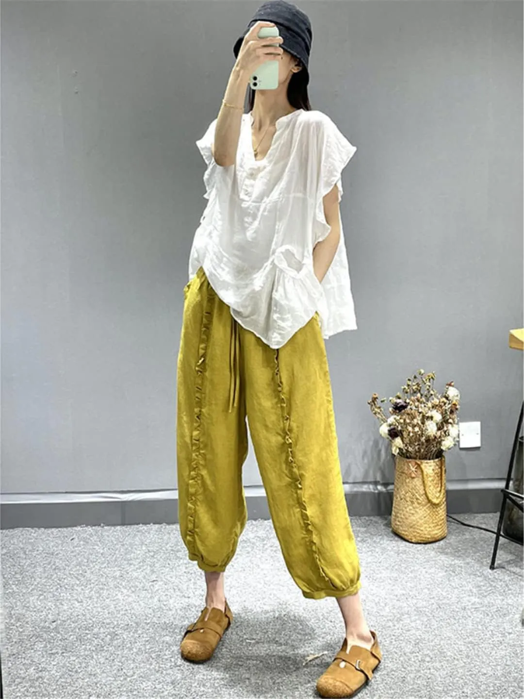 Pulcykp Linen Slim Harem Pants Literary Solid Color Loose Cotton Linen Casual Cropped Pants Women