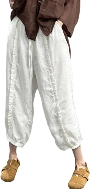Pulcykp Linen Slim Harem Pants Literary Solid Color Loose Cotton Linen Casual Cropped Pants Women