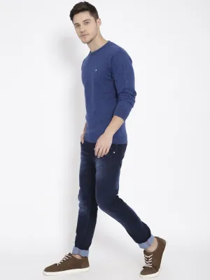 T-Base Men Blue Solid Round-Neck Pullover Sweater