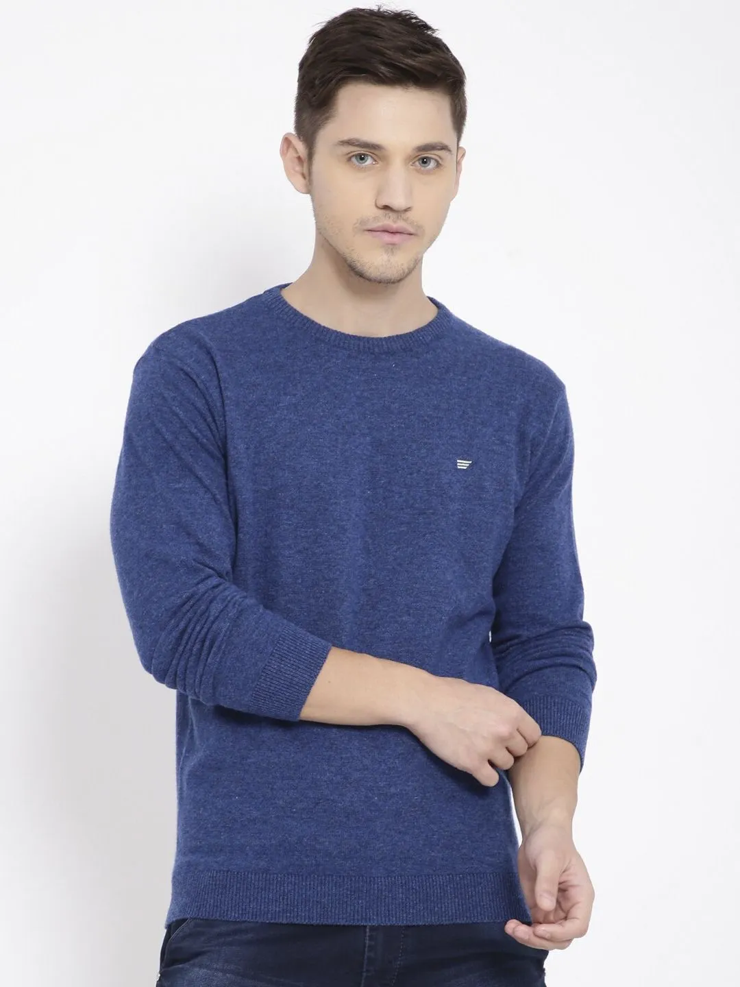 T-Base Men Blue Solid Round-Neck Pullover Sweater