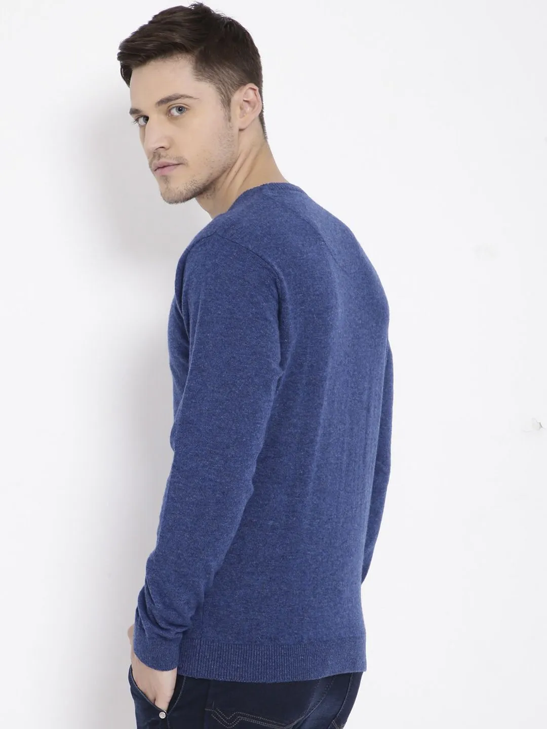 T-Base Men Blue Solid Round-Neck Pullover Sweater
