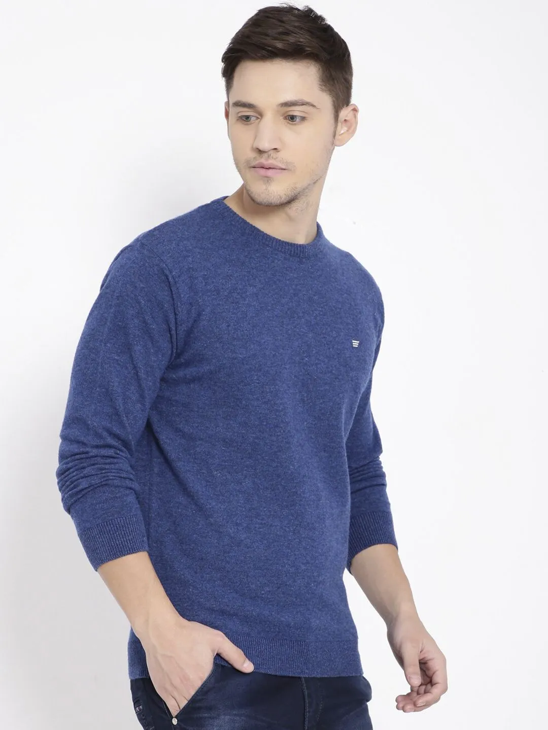 T-Base Men Blue Solid Round-Neck Pullover Sweater