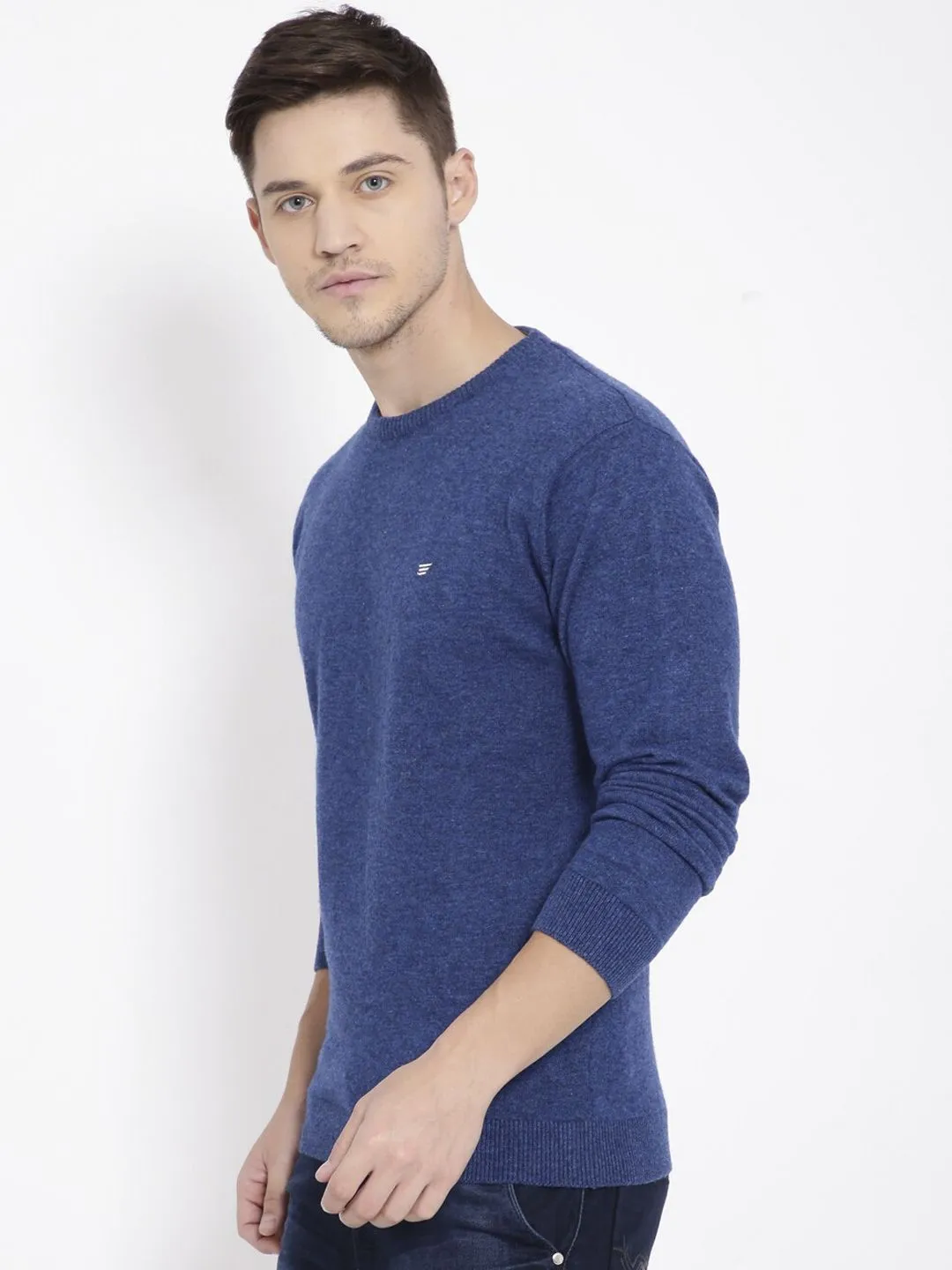 T-Base Men Blue Solid Round-Neck Pullover Sweater