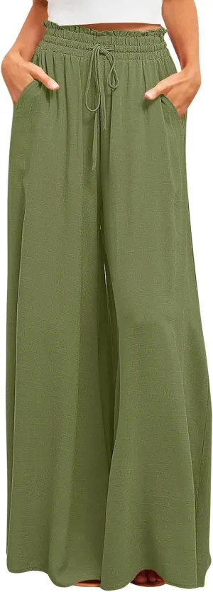 Women Wide Leg Pants Elastic Waisted Chiffon Baggy Flowy Long Lounge Trousers Beach Vacation Pant with Pockets