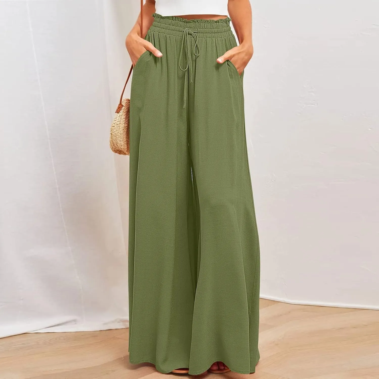 Women Wide Leg Pants Elastic Waisted Chiffon Baggy Flowy Long Lounge Trousers Beach Vacation Pant with Pockets
