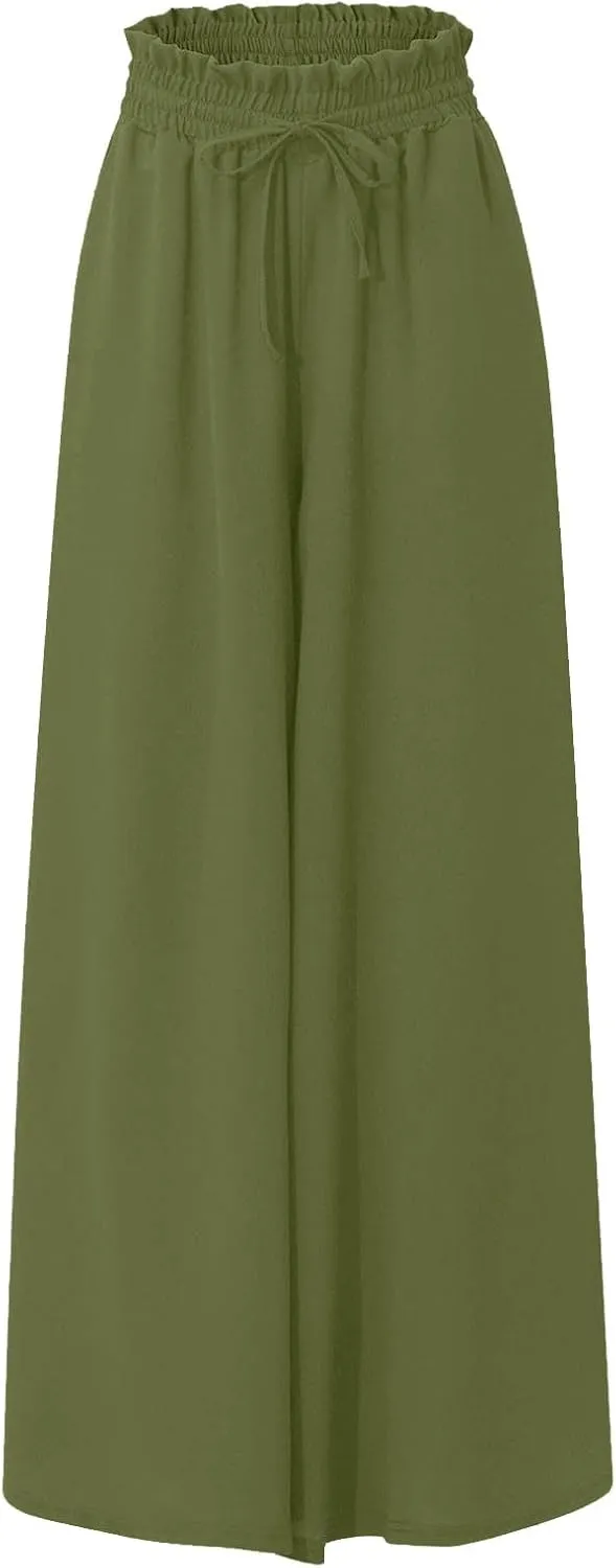 Women Wide Leg Pants Elastic Waisted Chiffon Baggy Flowy Long Lounge Trousers Beach Vacation Pant with Pockets
