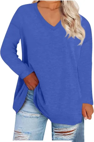 Womens Long Sleeve Tops Oversized V Neck Sweatshirts Casual Trendy Shirts Fall Winter Clothes 2024